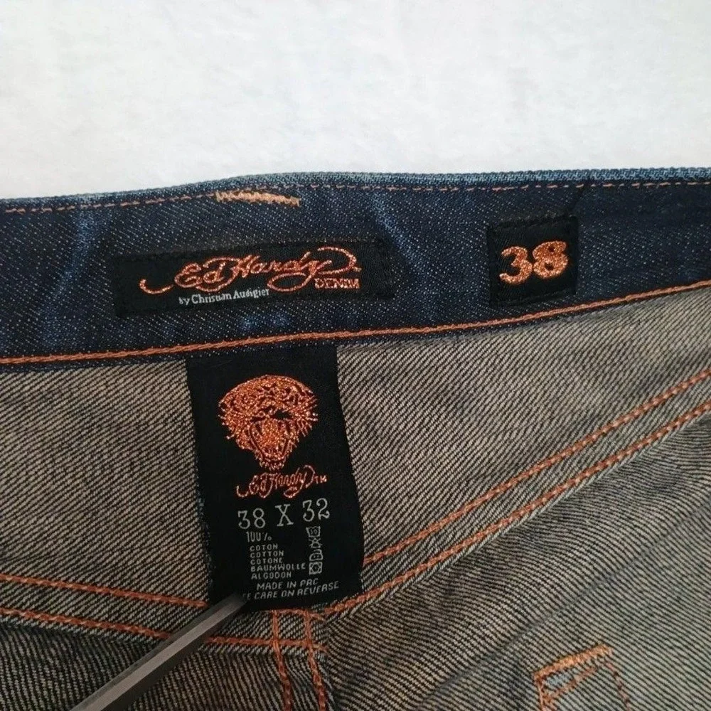 Ed Hardy Jeans Men 38x32 Blue Straight Relaxed Button Fly Distressed Embroidered